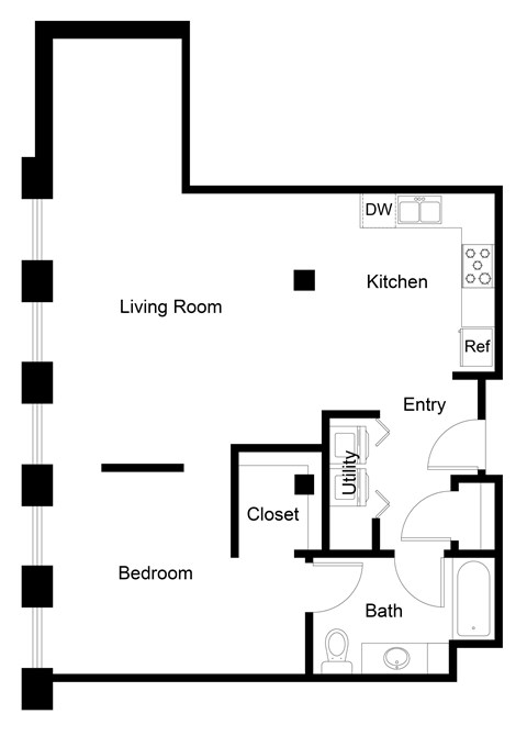 Floor plan for 1 bed, 1 bath, 900 sqft